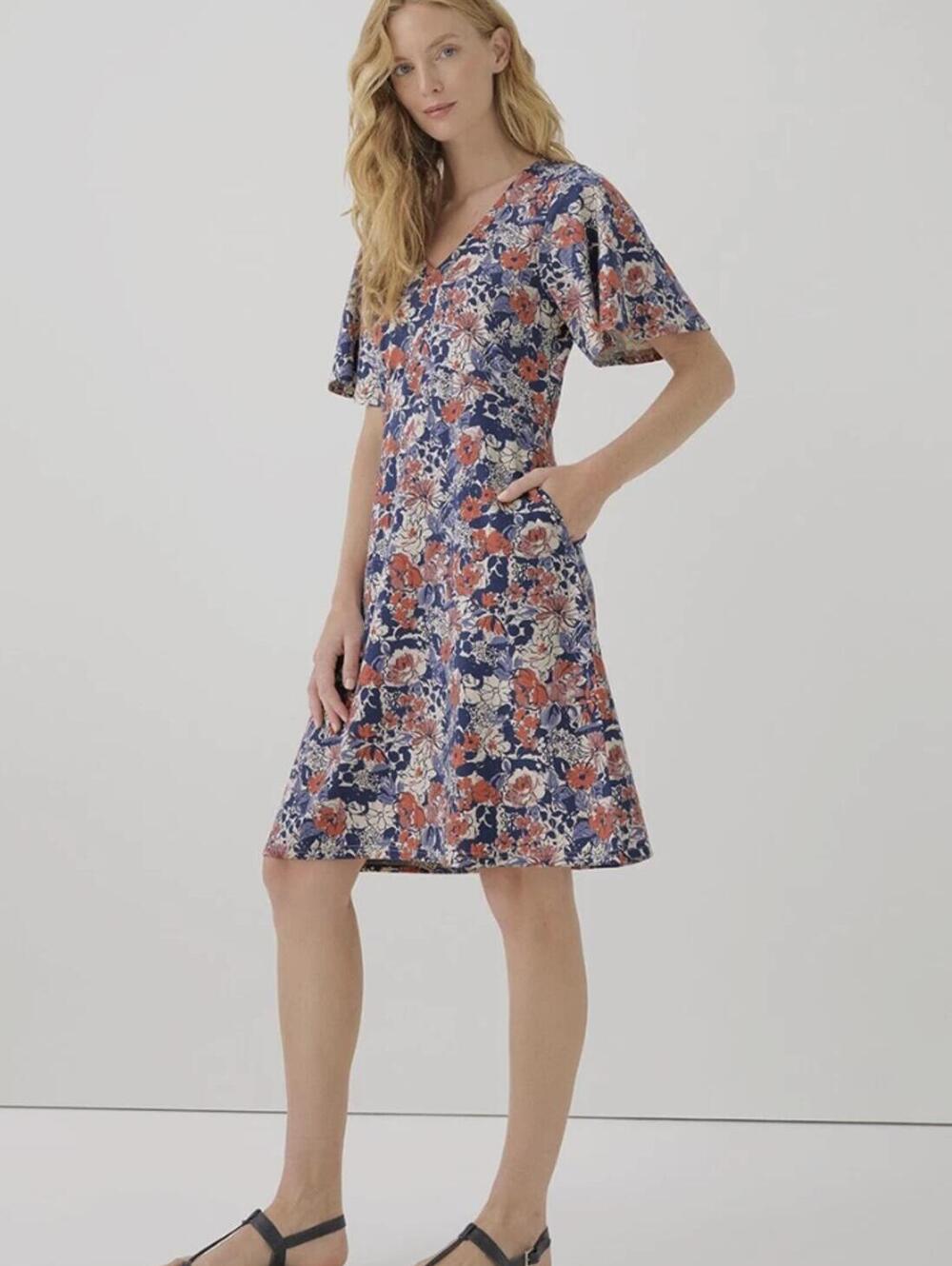 Pact Organic Cotton Navy Fit & Flare Floral Knee Length Dress - Size - Small